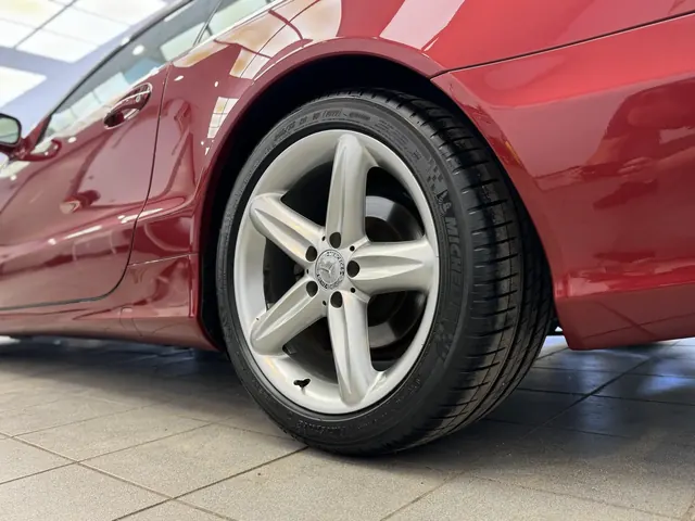 Zbliżenie na perfekcyjnie wypolerowany lakier i czystą felgę aluminiową Mercedesa SL 500